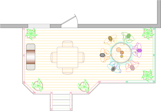 Overhead view of deck plan for a medium size deck with a privacy screen.