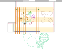 Overhead view of large deck plan with a pergola.